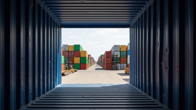 Perspective from inside a dark blue open shipping container, looking out at a vast yard filled with numerous colorful stacked cargo containers, showcasing global logistics.