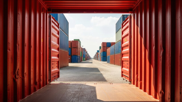 Inside an open red shipping container looking out at a vast industrial port. Rows of colorful stacked cargo containers symbolize global trade, logistics, and freight transport.