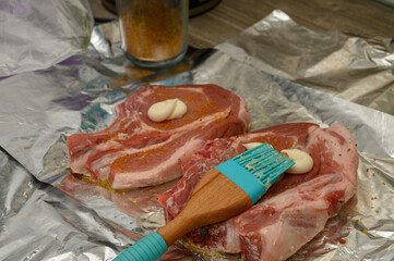 Pork Chop Marinating Process with Sauce Brush on Foil