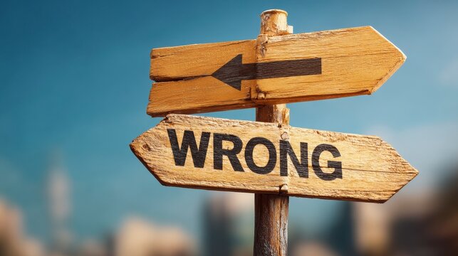 Wooden signpost featuring "WRONG" on one direction, with an arrow pointing left on the other, set against a blurred sky background