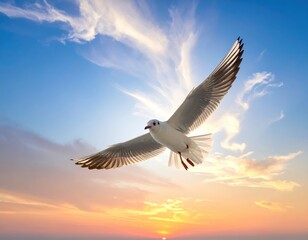 A bird in mid-flight glides across open air as its wings reflect soft sunlight above a distant gently fading horizon