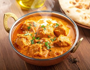 Golden butter chicken sits steaming on a rustic table as fragrant herbs shimmer softly over its smooth and deeply indulgent sauce surface