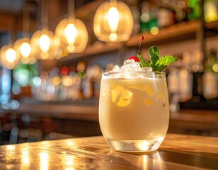 Creamy tropical drink resting in a chilled glass under soft gentle bar lighting creating an airy fresh atmosphere with sparkling ice texture