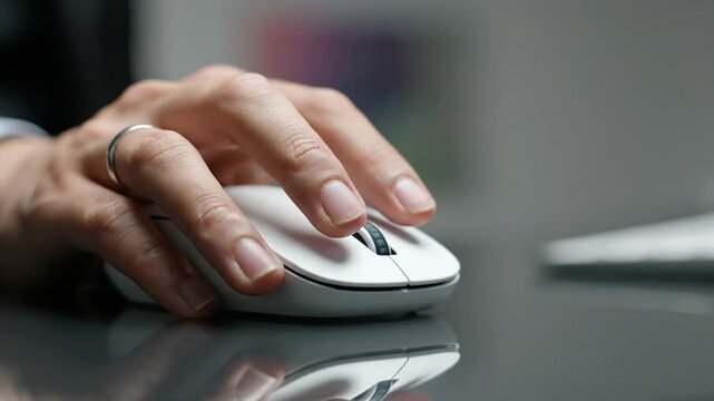 Hand on a white computer mouse, reflective surface