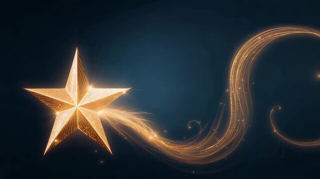 Emitting gold star casting light trail on blue gradient, with sparks, orb, revealing logo