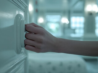 Hand turning round door knob in hotel corridor with soft light and calm mood
