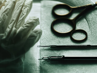 Surgical instrument suture remover scissors glove medical tray sterile pad stainless steel clinic procedure closeup