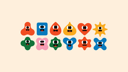 Fototapeta premium A cheerful collection of ten colorful cartoon blob characters with smiling faces on a plain background