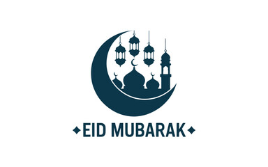 Fototapeta premium A charming Eid Mubarak greeting displays a mosque silhouette within a crescent moon and hanging lanterns