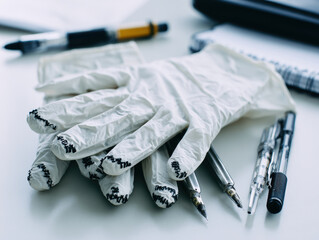 White disposable glove with black ink marks on fingertips surrounded by fountain pens and pen refills creating thoughtful creative workspace