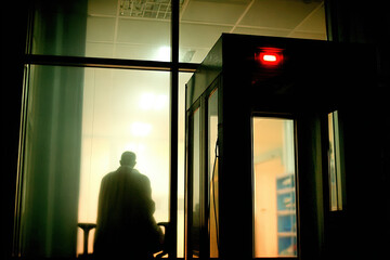 Silhouette man window lobby night backlight glass