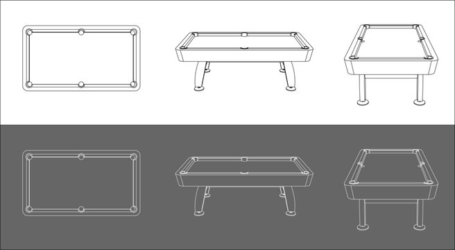 Vector Billiard Table Technical Drawing in Wireframe Perspective