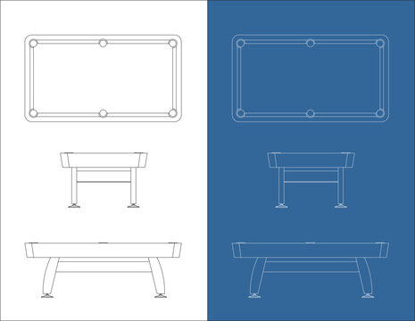 Orthographic Plan View of Billiard Table with Side and Front Elevations