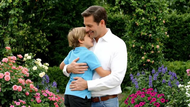 Father And Son Hugging In A Lush Garden With Pink And Purple Flowers And Green Foliage During Daytime
