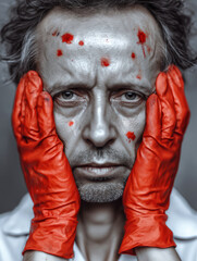 Silver painted man with red paint splatter and red gloves touching face, portrait, dramatic expression, moody lighting