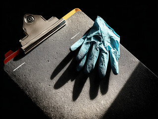 Blue disposable glove on black clipboard casting dramatic shadow, sterile medical work vibe, focused and tense