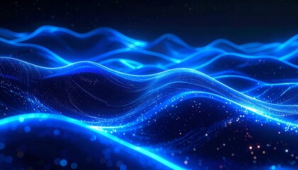 Abstract glowing blue waves, illuminated particles flow across a dark, blurred background