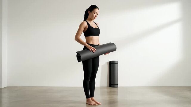 Athletic Woman In Black Activewear Bending Forward With Yoga Mat And Yoga Rolls In Bright Studio With Natural Light