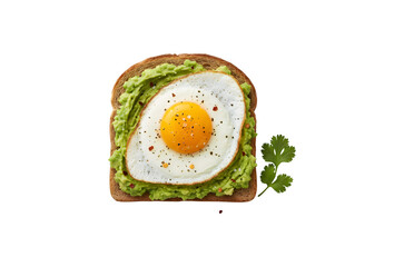 A slice of whole wheat toast with avocado and a sunny-side-up egg against a white backdrop

