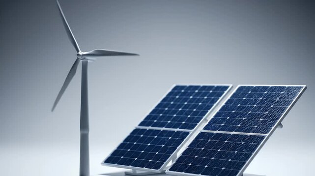 Renewable Energy Wind Turbine and Solar Panels Against a Blue Gray Background Clean Environment Concept