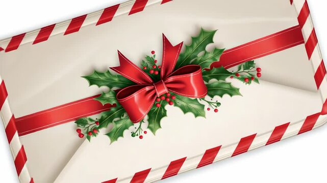 Rotating cream-colored decorated envelope starting after first frame on white backdrop with red bow