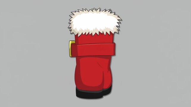 Starting rotation red winter boot rotating on gray backdrop, revealing white cuff and buckles
