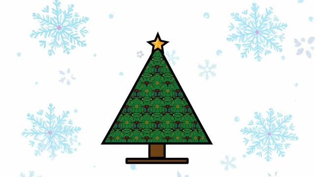 Frames showing blue flakes drifting on white canvas behind tree with yellow star, creating drift