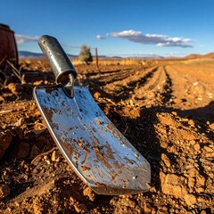 A well-used silver shovel rests in dry, arid soil in a rural farming landscape with fields under a blue sky