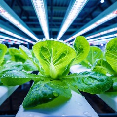 Dewdrops glistening on vibrant green lettuce leaves in a futuristic hydroponic system under bright LED lights, showcasing modern agriculture.
