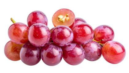 A close-up shot of a cluster of ripe, red grapes, some whole, and one cut open to reveal the juicy flesh