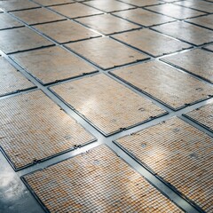 Detailed close-up view of industrial rubberized floor matting with anti-slip texture laid out in a repeating pattern.