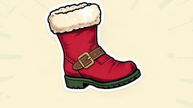 Rocking red winter boot on start, settling on cream background, showing fur cuff strap buckle