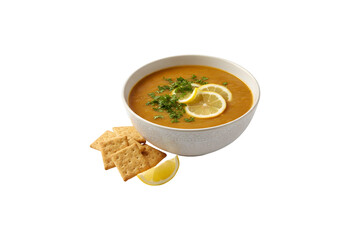ARABIAN LENTIL SOUP featuring lemon and crackers, presented in a dish against a background, showcasing a side view of Arabic cuisine.

