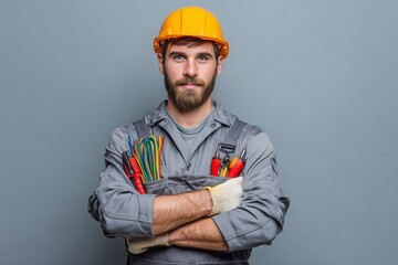A construction worker wearing a hard hat with arms crossed.