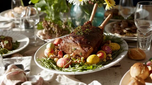 Elegant roast lamb served on festive dining table with seasonal vegetables fine tableware and warm celebration atmosphere
