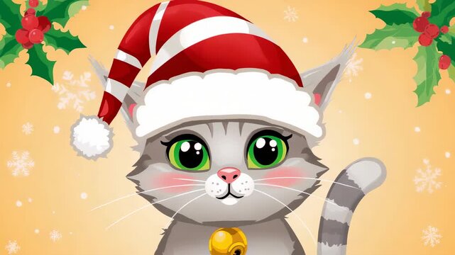 Loop starting tabby cat blinking, Santa hat swaying, gold-bell jingling on orange for holiday