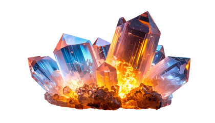 A luminous, cluster of crystalline structures. The center glows with fiery orange light, while the tips have a cool blue shimmer. The background is black
