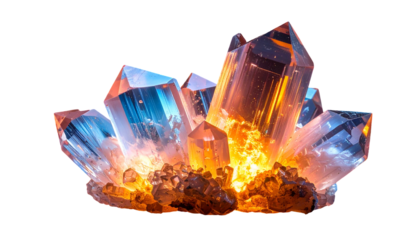 A luminous, cluster of crystalline structures. The center glows with fiery orange light, while the tips have a cool blue shimmer. The background is black