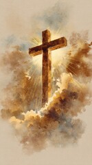 Sacred Cross: A symbol of faith and hope, the cross stands bathed in divine light amidst ethereal clouds. 