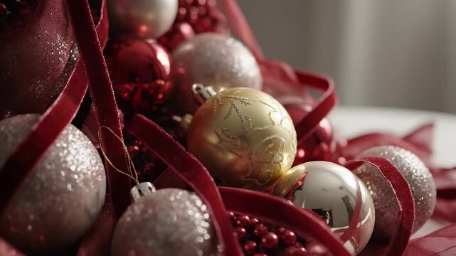 Elegant Christmas Ornaments Collection With Red And Gold Baubles And Velvet Ribbons Soft Lighting Indoors