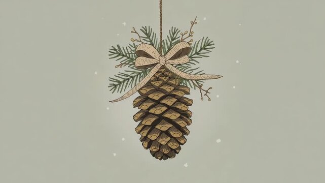 Swaying pine-cone ornament rotating, settling at green wall, with cord ribbon sprigs falling specks