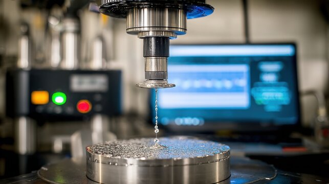 Shot of automated pouring dosimetry setup with digital interface displaying realtime measurements as liquid metal is released smoothly. - Powered by Adobe