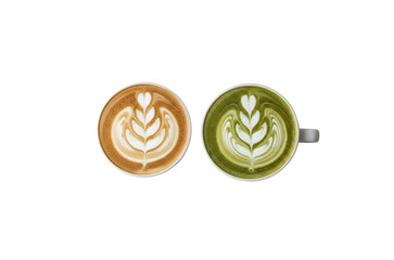 A cup of Latte and a Matcha Latte on a white background

