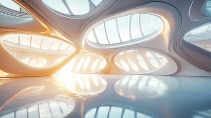 Futuristic building interior with curved ceiling windows and glowing reflections of daylight, symbolizing innovation modernity, and technological creativity with elegant geometric architectural design