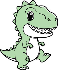 Fototapeta premium Cute Green Cartoon Dinosaur Vector Illustration, Friendly Baby T-Rex Character with Big Eyes for Kids Birthday Cards, Logo Design and Nursery Decor
