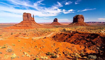 Arid desert landscape with three towering red rock buttes under a bright blue sky with scattered clouds