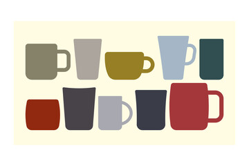 A set of different colored mugs. Colored silhouette. Front and side view. Vector simple flat graphic illustration. Isolated object on a white background.