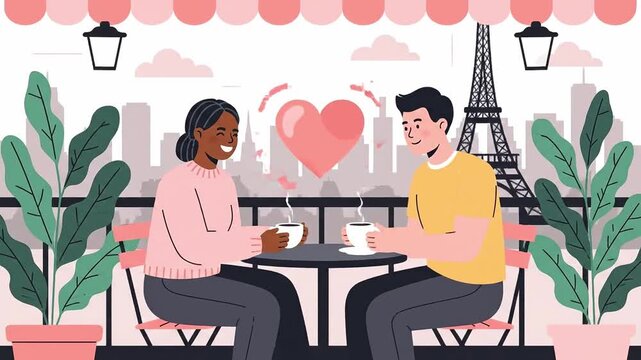 Couple Enjoying Coffee at a Parisian Cafe with Eiffel Tower View