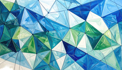 Abstract fractured shapes create a geometric mosaic in shades of blue, green, and white with dark connecting lines