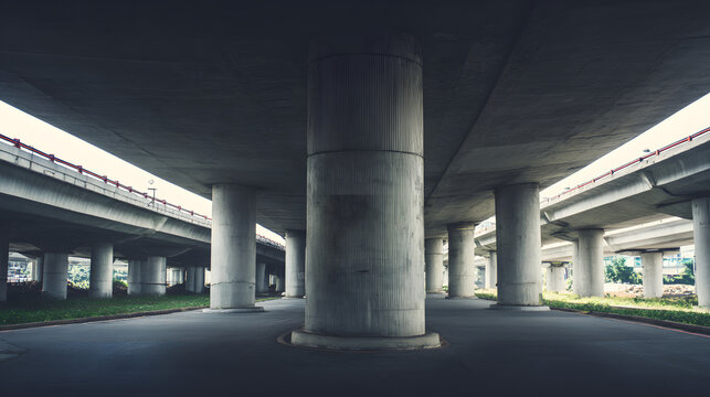 nationalizing. Massive bridge pillar supporting elevated roadway with architectural detail in daylight. real-estate listings.